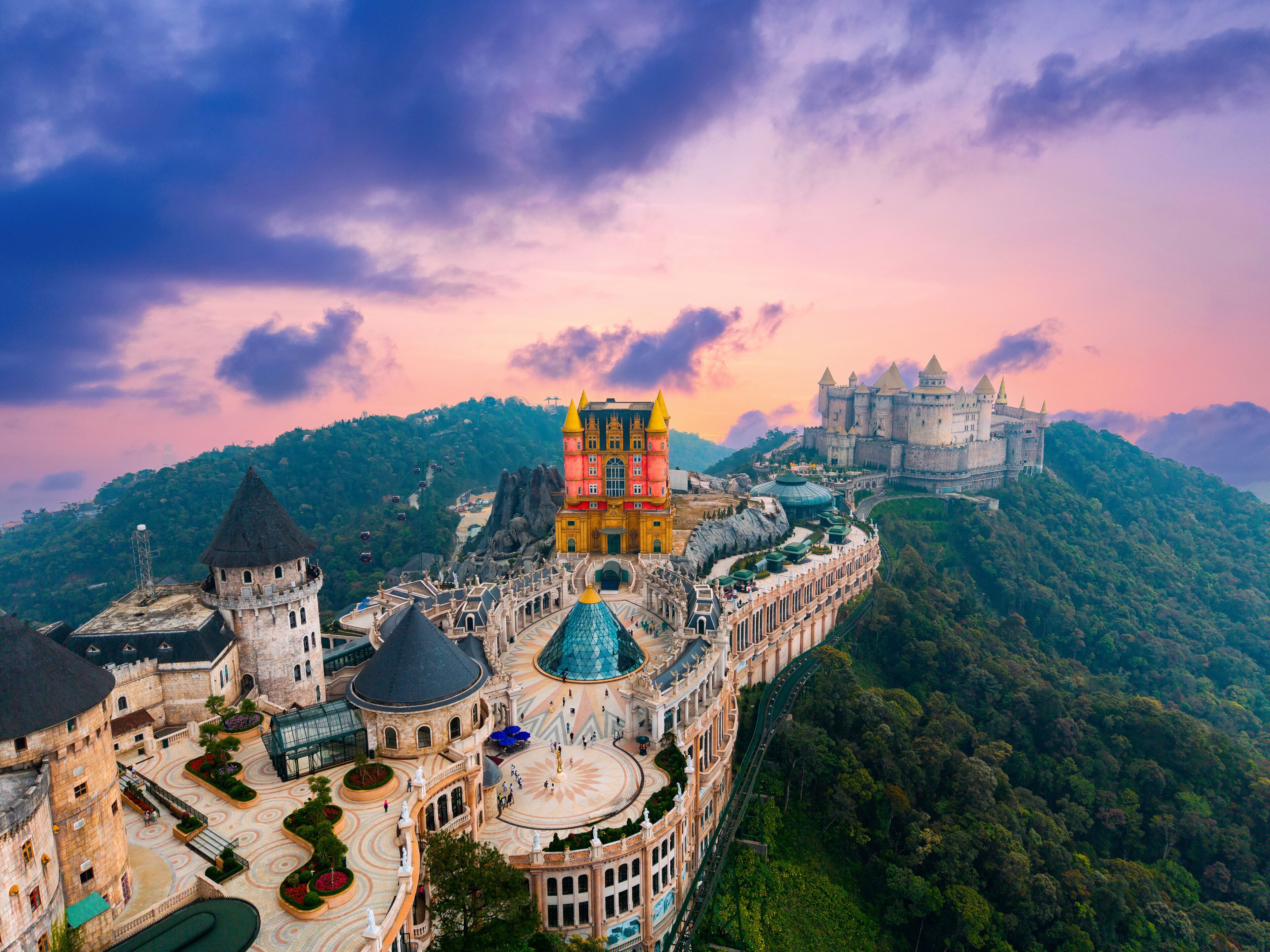 Scenic view of ba na hills architectural marvels at sunset in Da nang, Vietnam