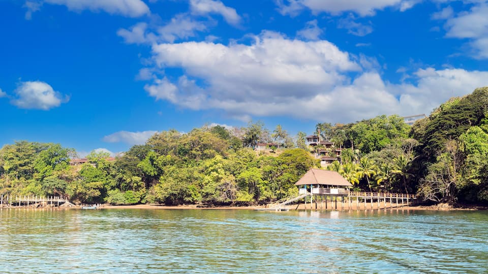 A tropical beach with a wooden pier, lush greenery, and a clear blue sky.