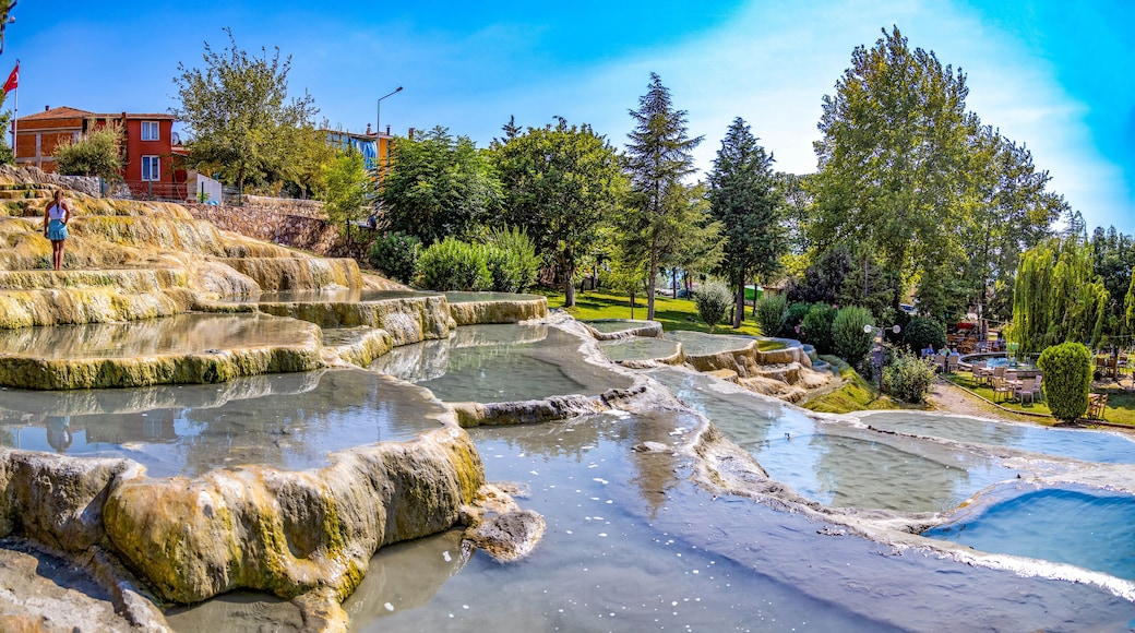 Red thermal springs terraces in Karahayit not far from Pamukkale resort, Karahayit, Denizl, Turkey