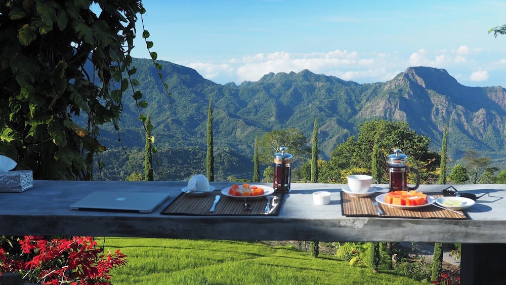 If you plan to visit Flores make sure that this guest house is on your list of places to stay. With breakfast views to die for, great food, lovely hosts, a huge and incredibly comfy bed, and easy access to the wonders of Gunung Inerie and the surrounding traditional Ngada villages of Bena etc. And all for 350,000 Indonesian Rupiah (under £17 / $25) per night B&B - as at July 2015. An absolute steal.
Read more at
http://www.aboveusonlyskies.com/jewel-flores-crown/