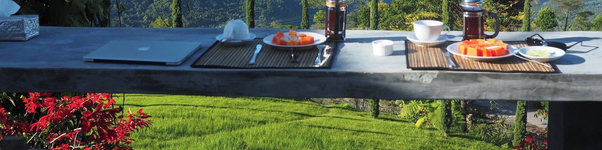 If you plan to visit Flores make sure that this guest house is on your list of places to stay. With breakfast views to die for, great food, lovely hosts, a huge and incredibly comfy bed, and easy access to the wonders of Gunung Inerie and the surrounding traditional Ngada villages of Bena etc. And all for 350,000 Indonesian Rupiah (under £17 / $25) per night B&B - as at July 2015. An absolute steal.
Read more at
http://www.aboveusonlyskies.com/jewel-flores-crown/