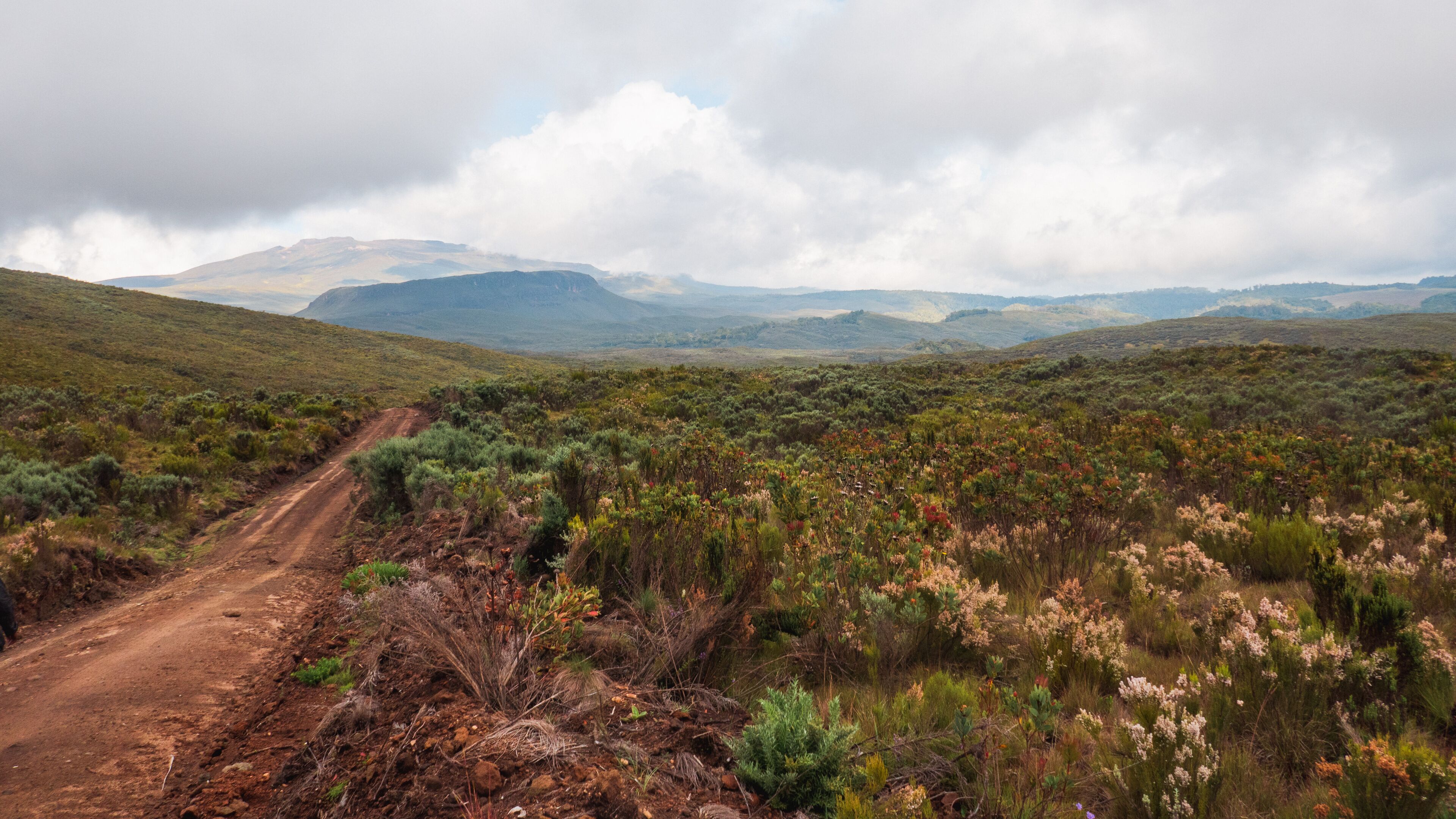 A dirt road winding through a hilly landscape with sparse vegetation and distant mountains under a cloudy sky.