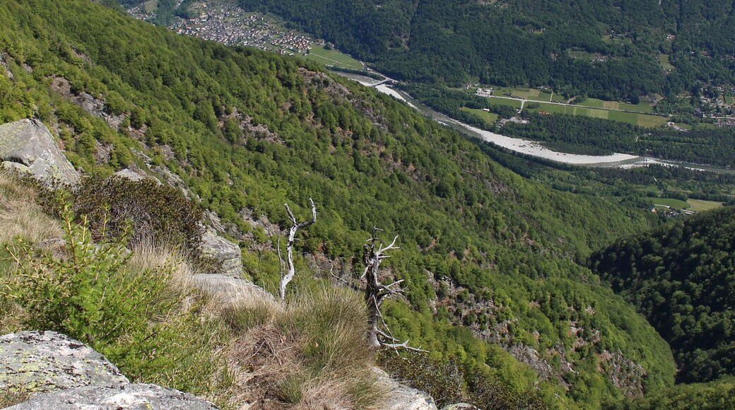 Blick ins Valle Maggia vom Gipfel des Monte Salmone (1559 m.ü.M.) im Schweizer Kanton Tessin. Der Berg erhebt sich genau zwischen den Tälern Valle Maggia und Valle Onsernone. Unten sind die Orte Maggia und Ronchini zu sehen.
