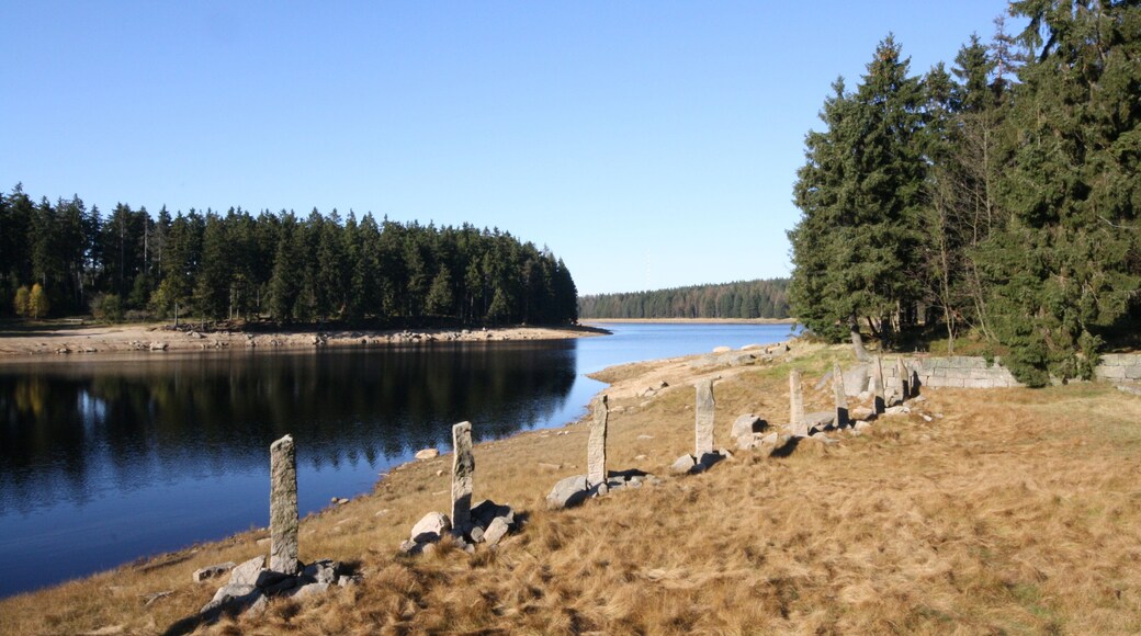 Die Oderteich-Talsperre mit den Obelisken im Vordergrund. Diese befinden sich vor dem Überlauf und dienen dazu, im Winter bei abfließendem Wasser die Eisschollen zerbrechen zu lassen, damit diese im Ablauf keinen Schaden verursachen.