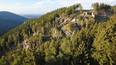 Paisagem montanhosa com florestas densas e afloramentos rochosos.