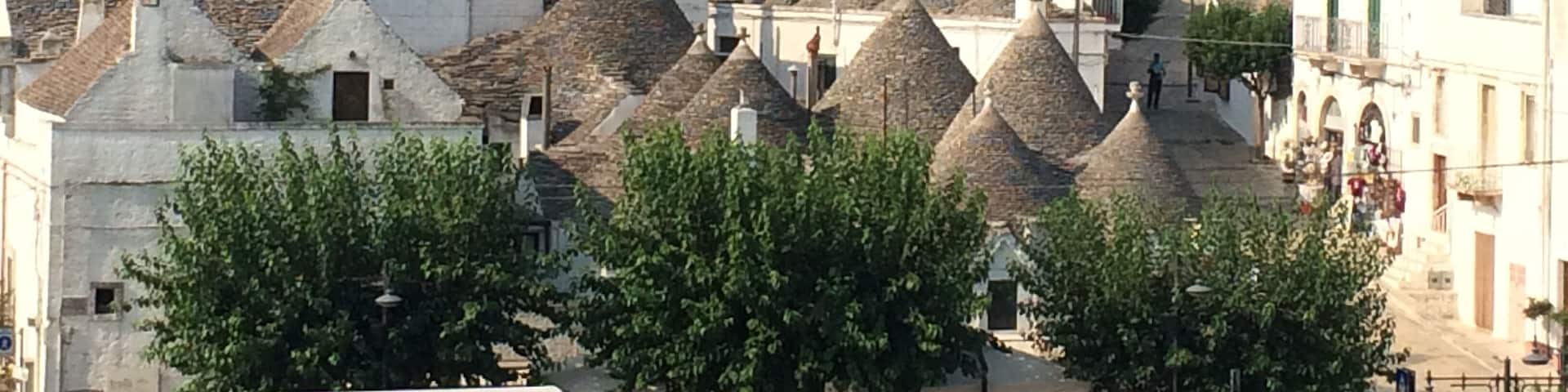A town with numerous conical-roofed buildings and a dense tree line in the background.
