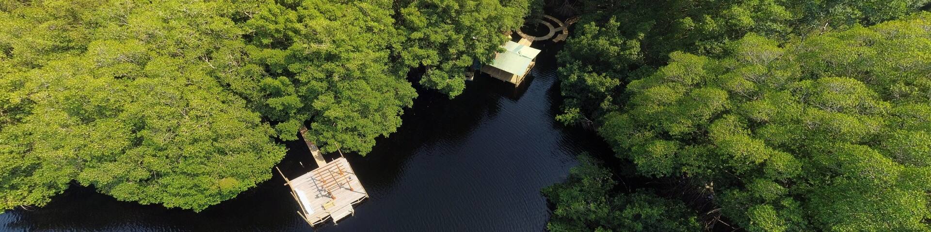 Aerial bird's eye view photo taken by drone of a lagoon in Honduras. Jutiapa Honduras. Laguna de Cacao
