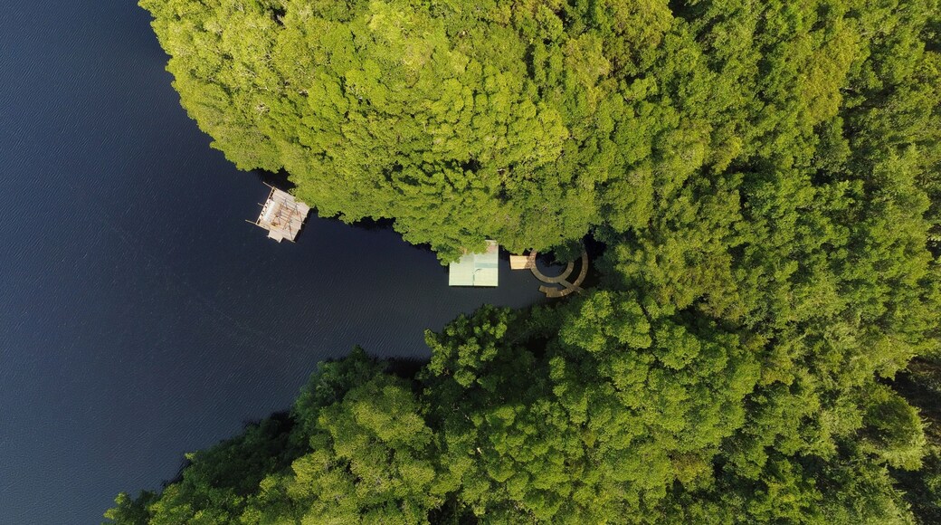 Aerial bird's eye view photo taken by drone of a lagoon in Honduras. Laguna de Cacao. Jutiapa, Honduras