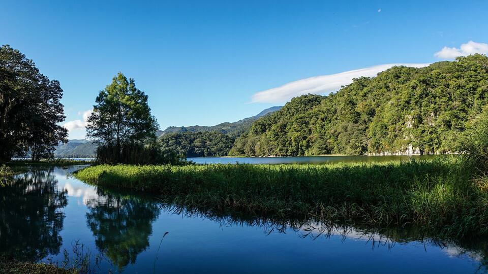 A calm lake surrounded by dense forest and hills.