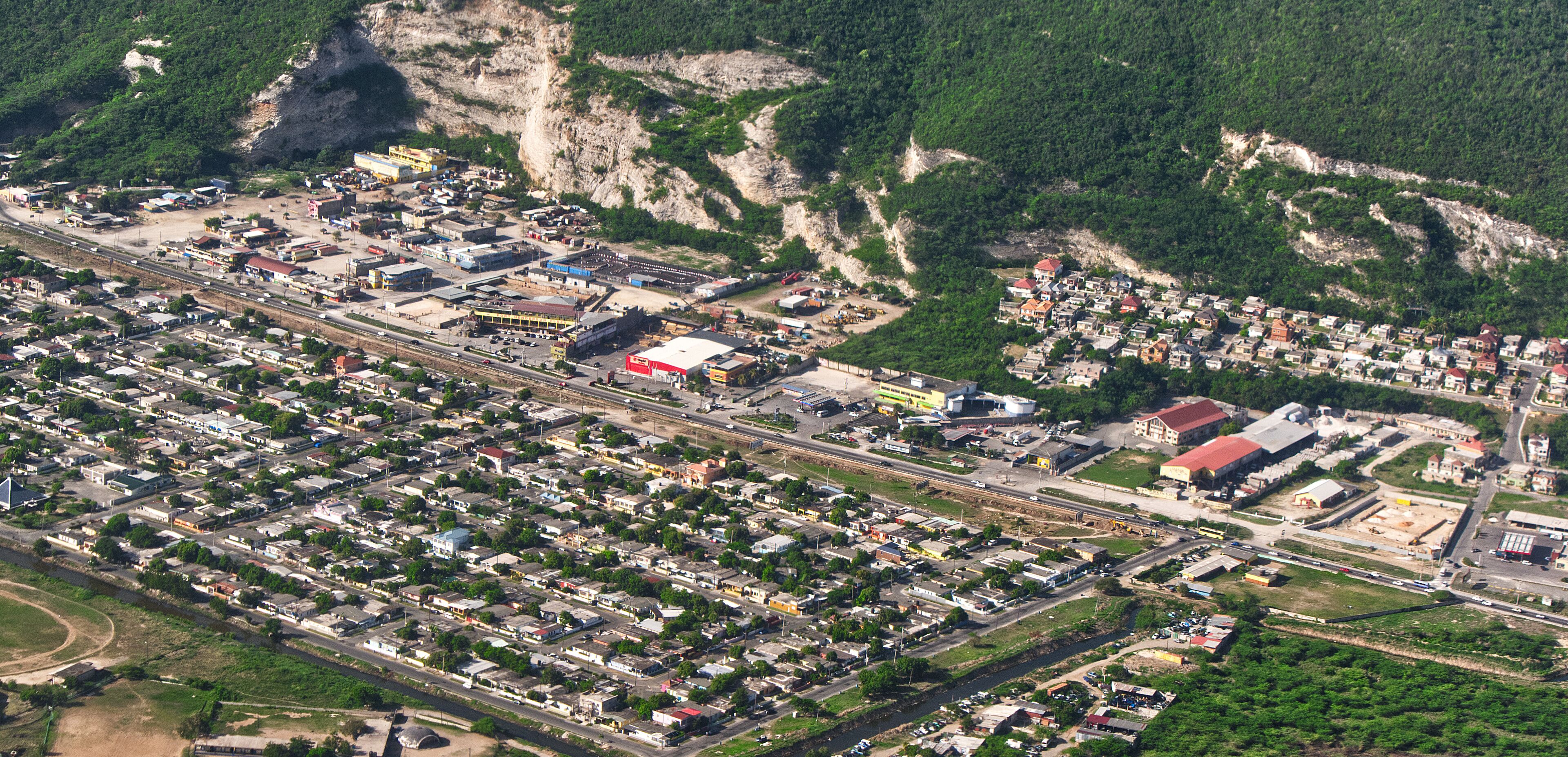 Aerial Bird's eye view of Jamaica parish of Saint Catherine or St. Catherine Portmore