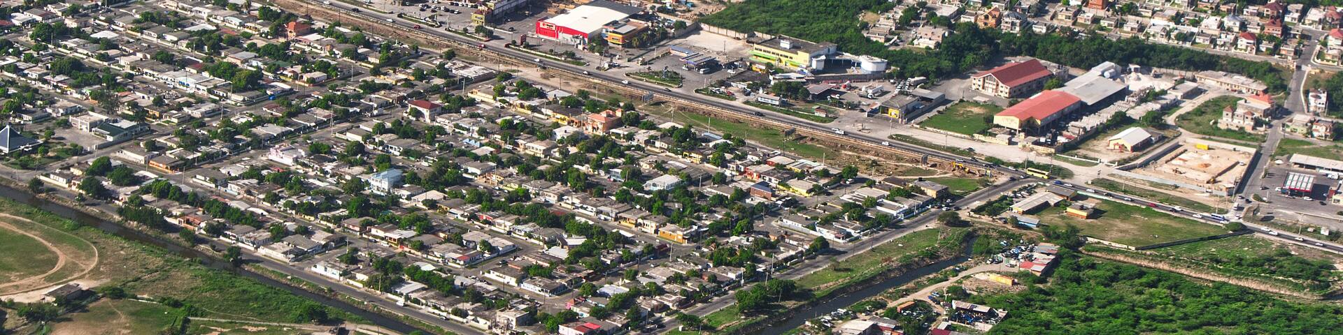 Aerial Bird's eye view of Jamaica parish of Saint Catherine or St. Catherine Portmore