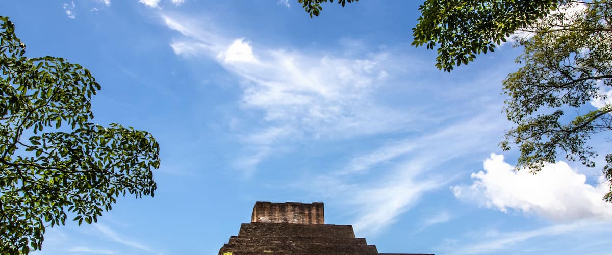 A large ancient pyramid surrounded by lush greenery and a clear blue sky.