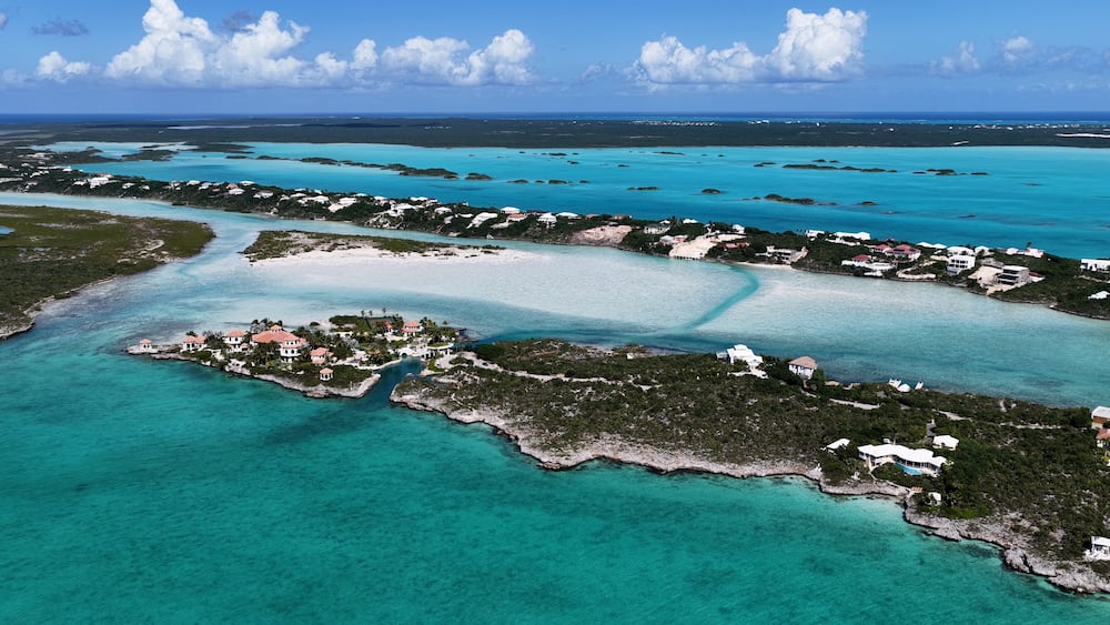Turks And Caicos Skyline At Providenciales In Overseas Territory United Kingdom. Caribbean Skyline. Beach Landscape. Shades Of Blue Watercolor. Turks And Caicos Skyline. Nature Background.
