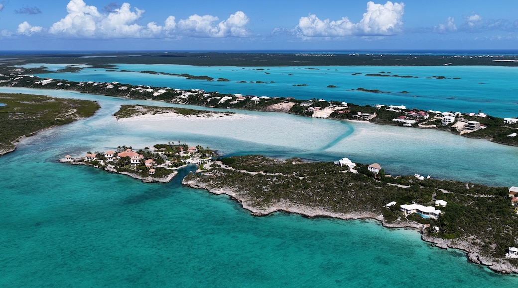 Turks And Caicos Skyline At Providenciales In Overseas Territory United Kingdom. Caribbean Skyline. Beach Landscape. Shades Of Blue Watercolor. Turks And Caicos Skyline. Nature Background.
