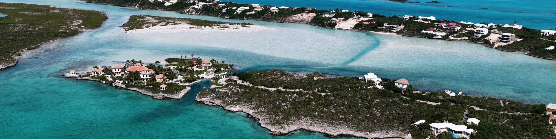 Turks And Caicos Skyline At Providenciales In Overseas Territory United Kingdom. Caribbean Skyline. Beach Landscape. Shades Of Blue Watercolor. Turks And Caicos Skyline. Nature Background.