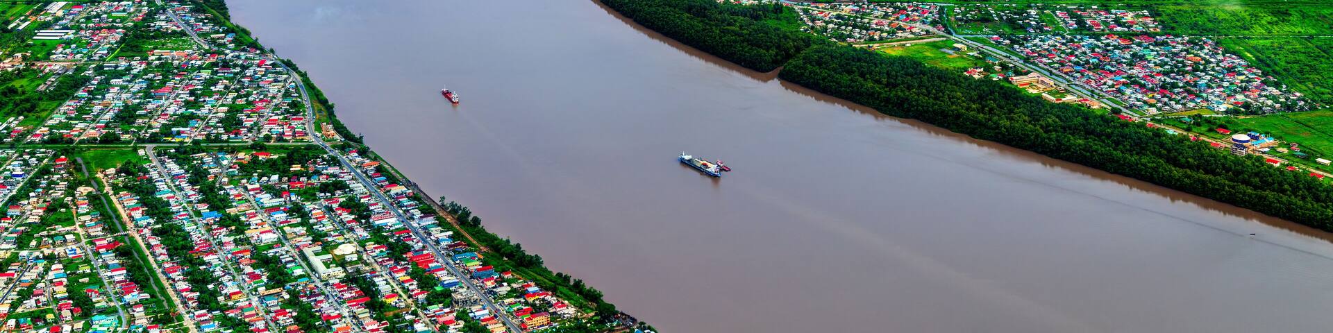 Aerial view of the Demerara river south of Georgetown in Guyana, South America