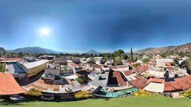 360 aerial photo taken with drone of rooftop terrace overlooking Lake Atitlán in Panajachel, Guatemala