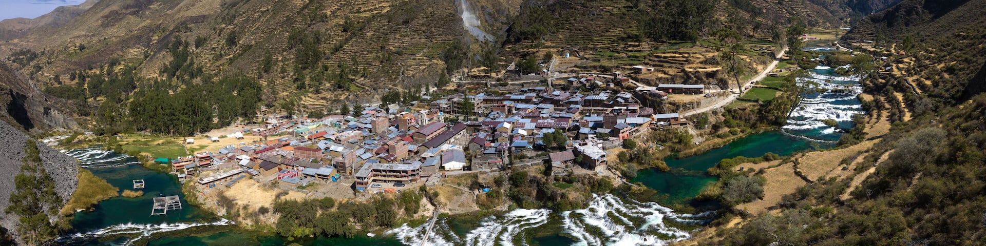 Panoramic view of the river and water falls in Huancaya, Yauyos, Peru