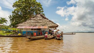A Thatched Roof Refueling Gas Station on the Amazon River in Peru