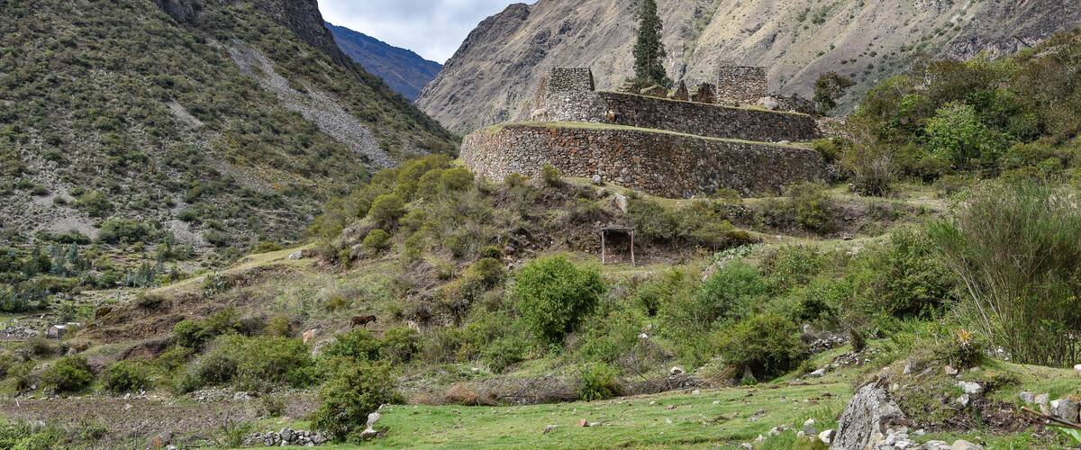 A mountainous landscape with a stone structure and grazing animals.