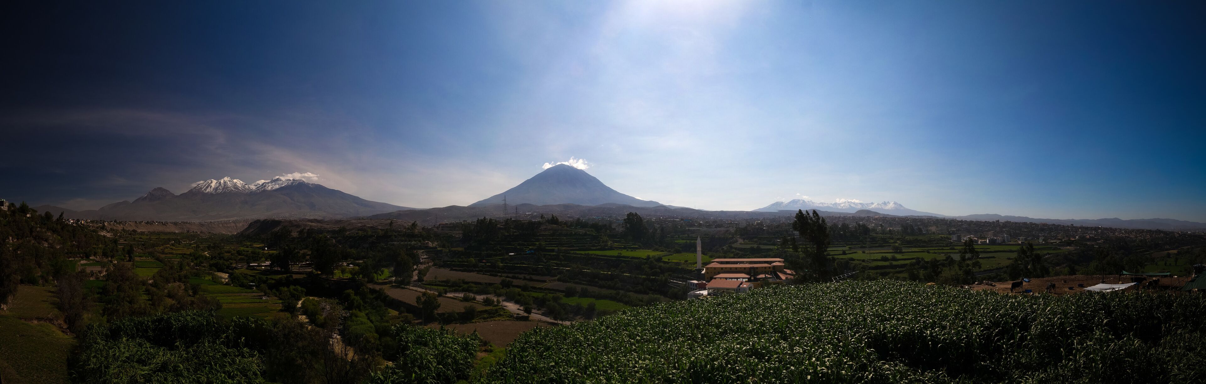 Panoramic view to Picchu Picchu, Chachani and Misti mountains Arequipa, Peru