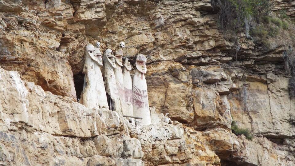 A rock face with carved human figures.