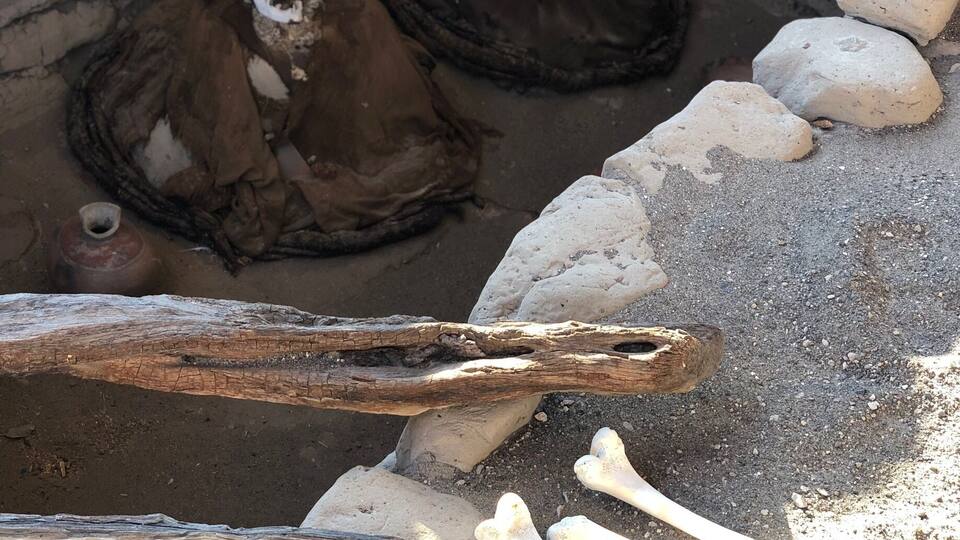 Two skeletal figures in a stone enclosure with a wooden log and scattered bones.