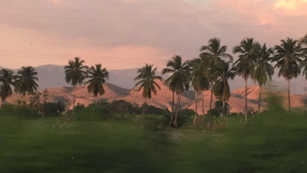 Puesta de sol entre lomas y cocoteros