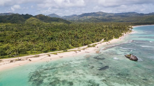 View of the ocean coast beach and mountains. Secluded white sand beach and mountains. Summertime Sea tranquility. Aerial view