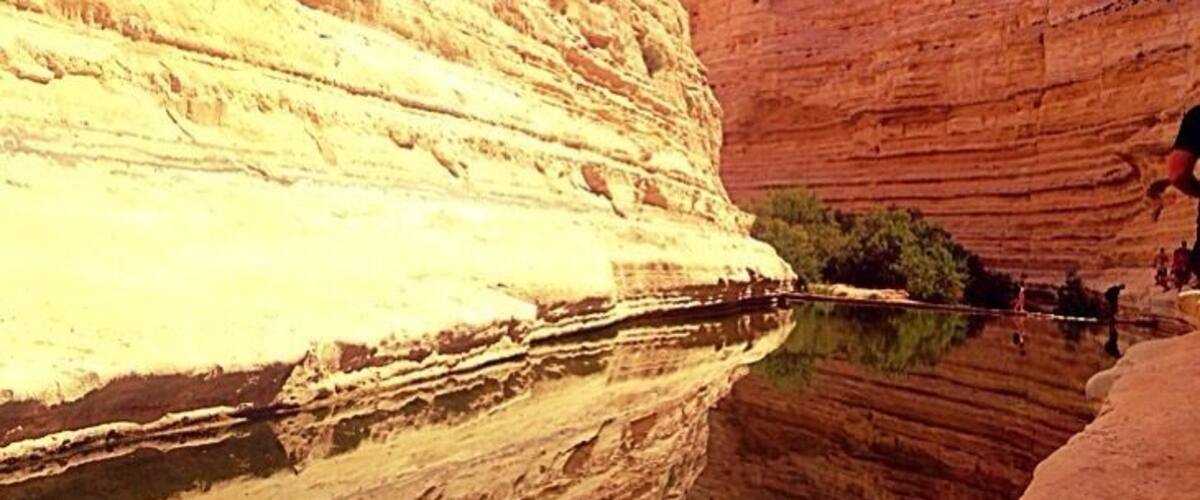 A canyon with layered rock formations and a calm river reflecting the cliffs.