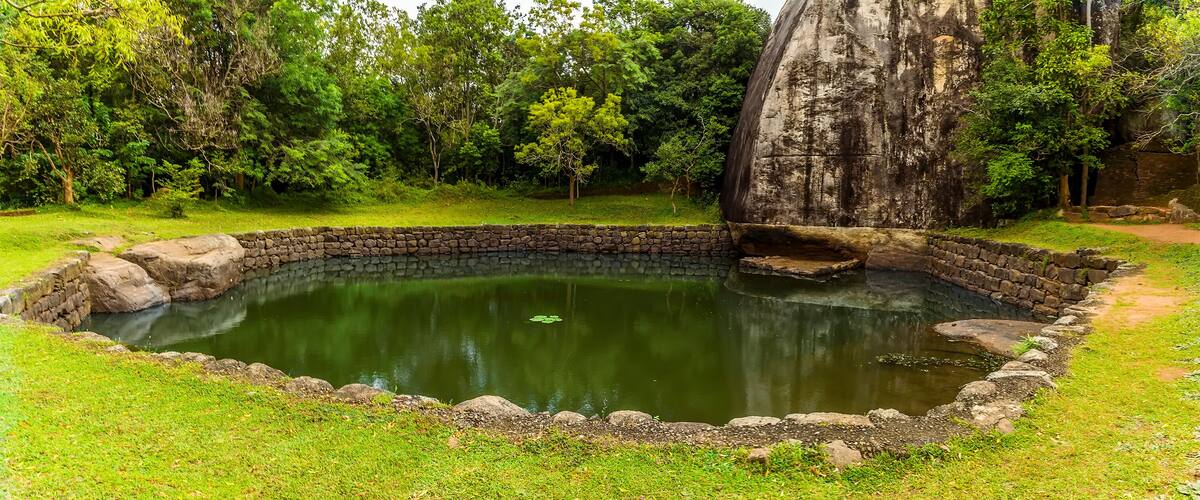An octagonal lake in the gardens of the rock fortress of Sigiriya, Sri Lanka