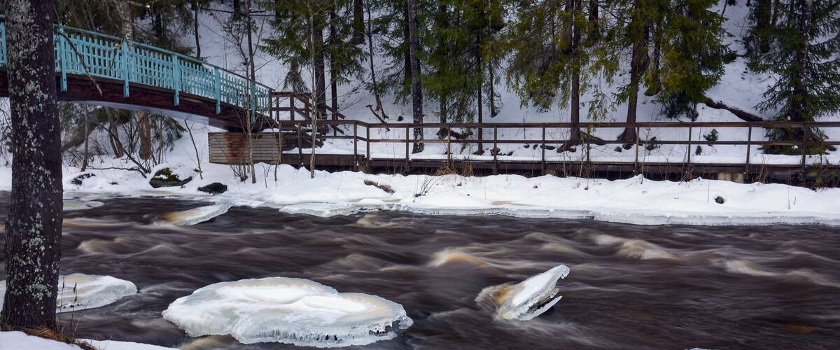 A river with ice floes, a wooden bridge, and snow-covered banks.