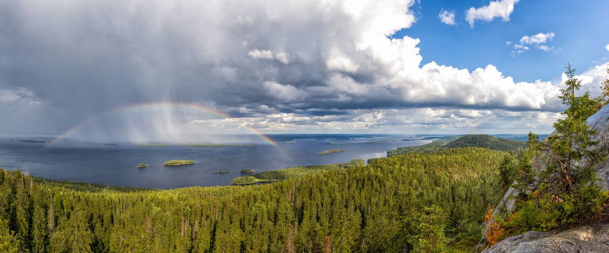 A forested landscape with a lake, islands, and a rainbow.