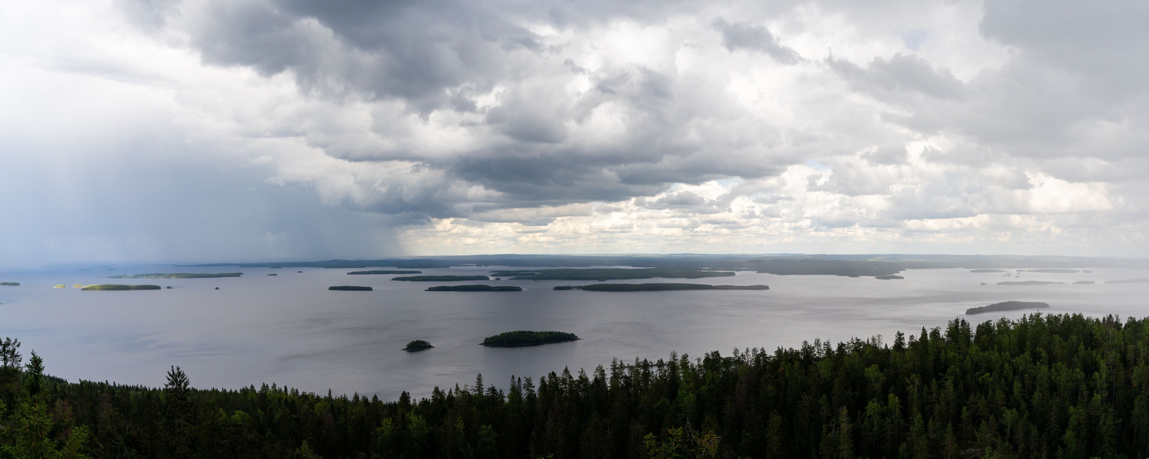 A coastal landscape with numerous islands surrounded by water and a dense forest in the foreground.