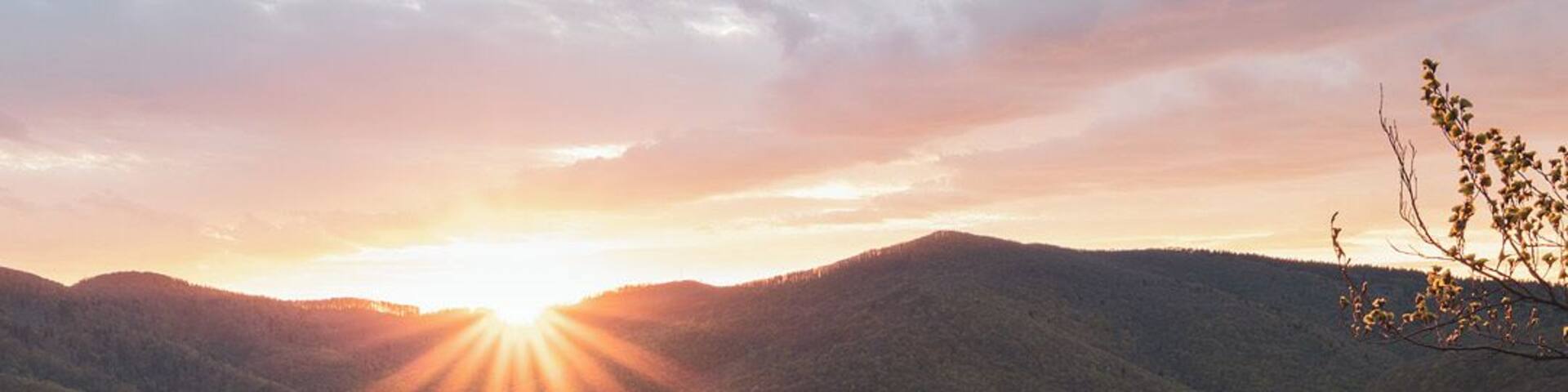 A river winding through a valley with a bridge, surrounded by hills and a sunset.