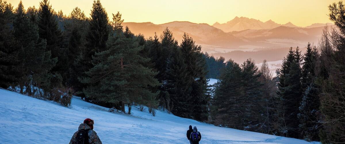 Two people hiking on a snowy mountain trail surrounded by evergreen trees.