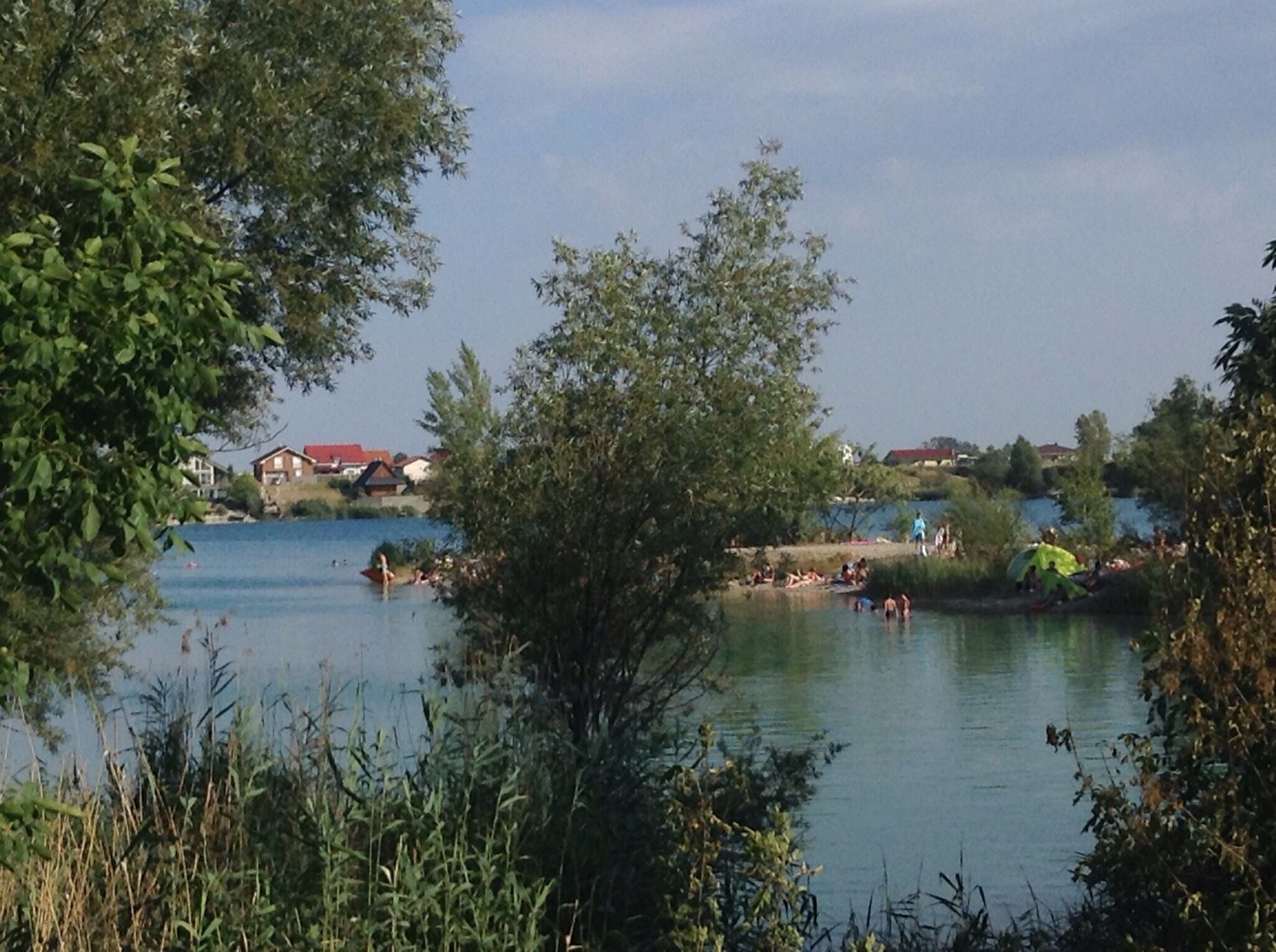 A lake surrounded by trees and houses.