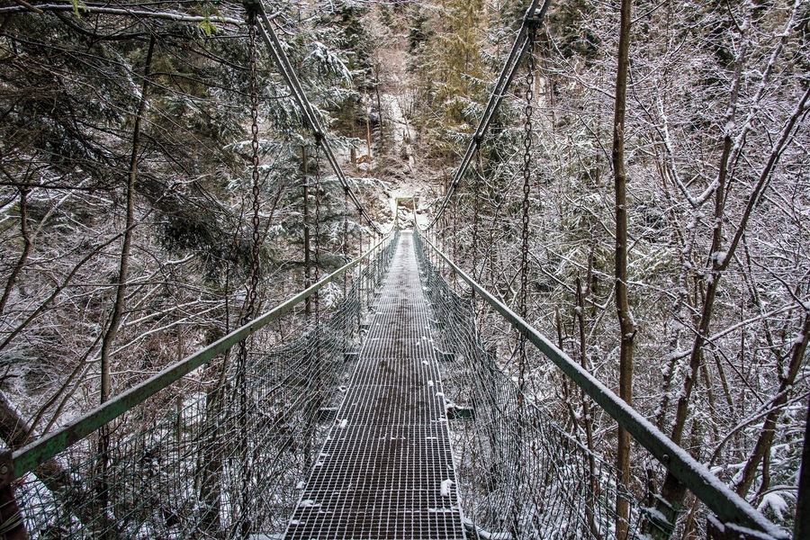 One of the many hanging bridges in Slovak Paradise National Park. This one leads into ravine where you climb the ladder up next to the waterfall. There is no way back once you are inside, just up. #Perspectives