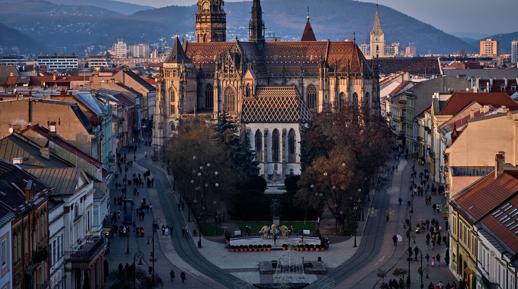 Kosice Cathedral Architecture And Pedestrian Street At Winter Sunset