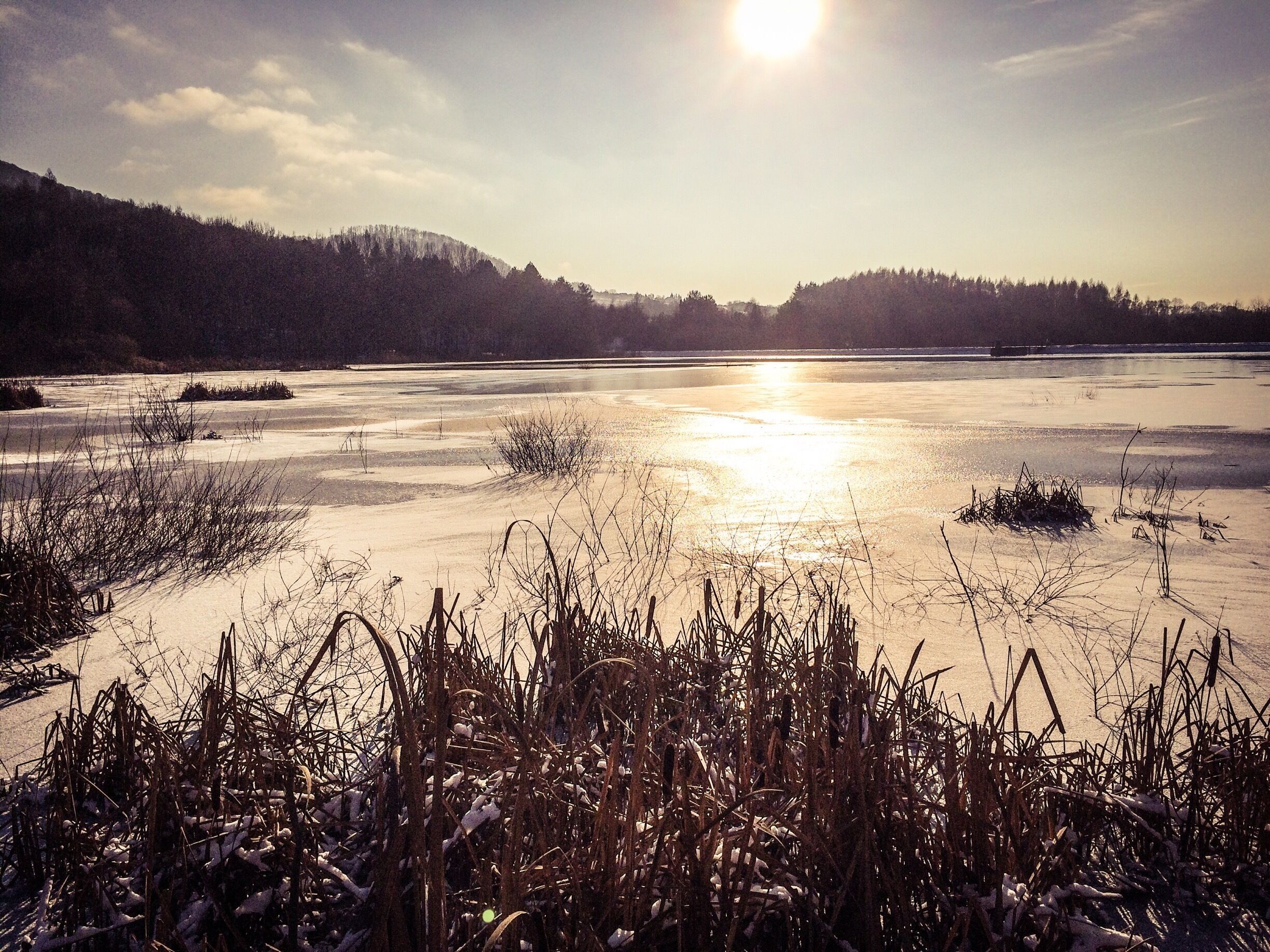 A frozen lake with reflections of the sun, surrounded by hills and sparse vegetation.