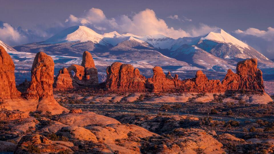 A desert landscape with prominent red rock formations and snow-capped mountains in the background.