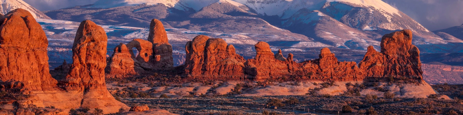 Paisagem desértica com formações rochosas avermelhadas e montanhas nevadas ao fundo.