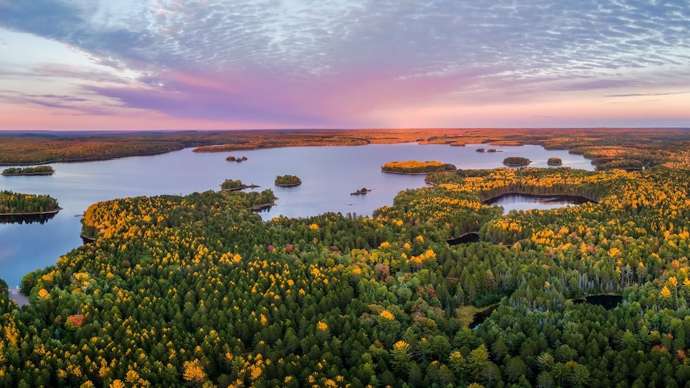 A lake surrounded by dense forest with autumn foliage.