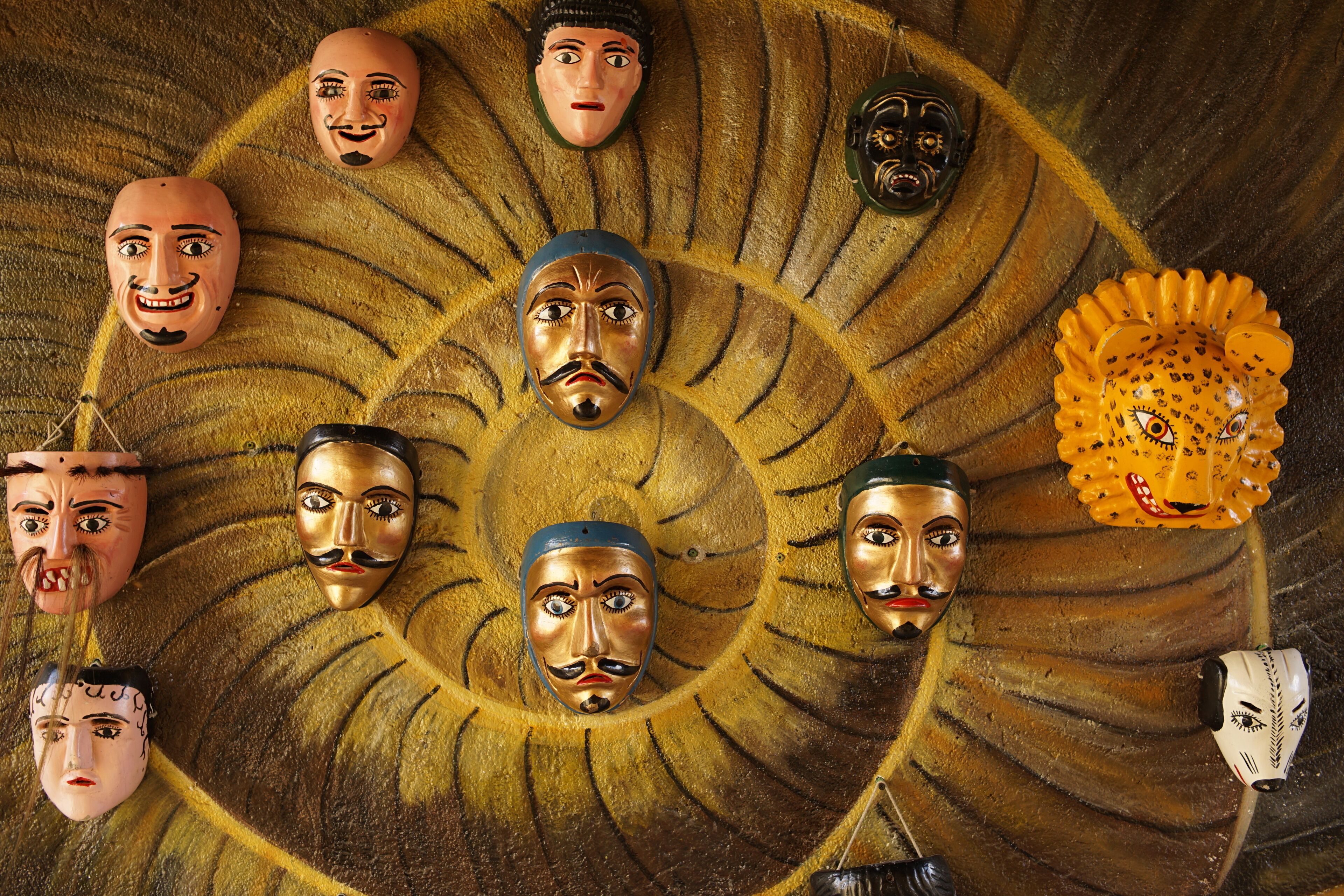 Traditional dance masks from Rabinal, Baja Verapaz, Guatemal for Rabinal Achi performance 