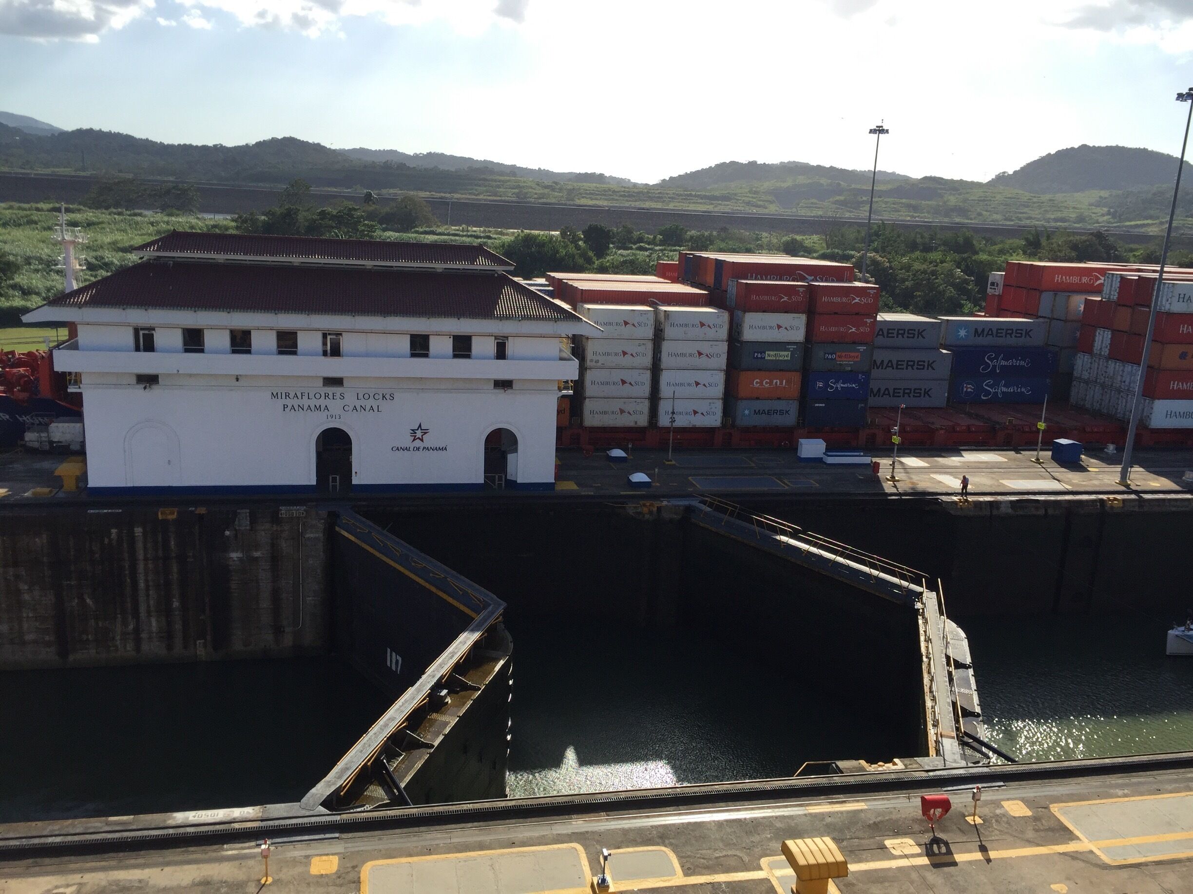 One of the three locks of the Panama Canal which serves as a conduit for ships used in international trade to get to the Atlantic to the Pacific Ocean and vice versa.