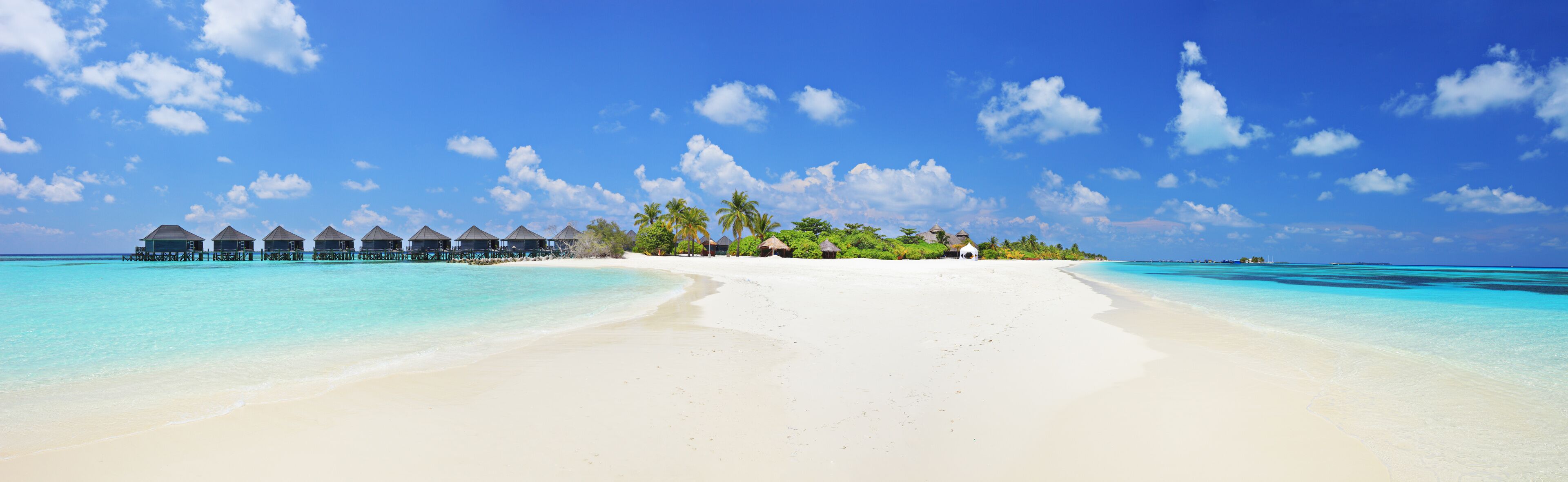 Panorama shot of a tropical islandl, Maldives on a sunny day