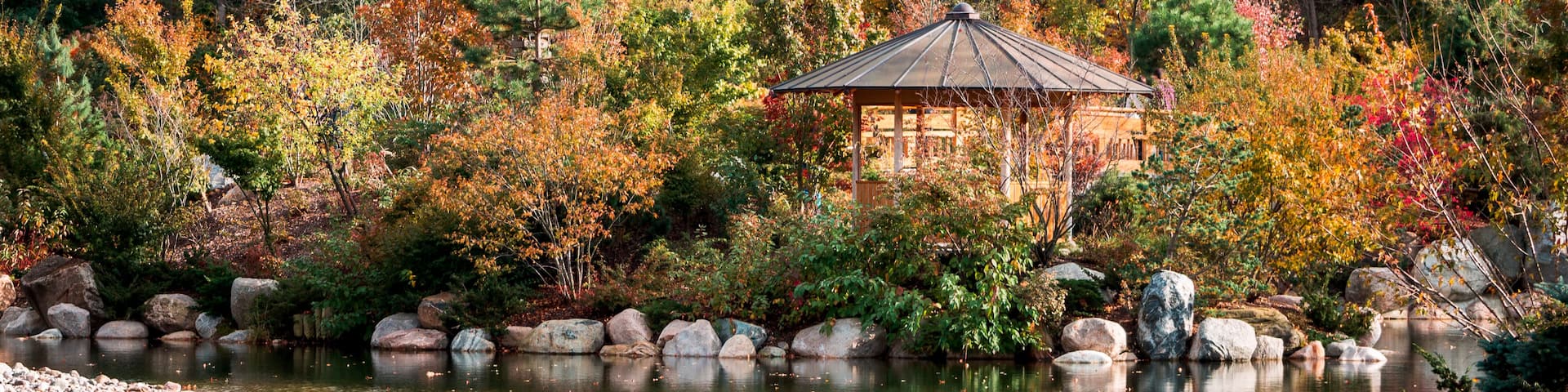 A gazebo surrounded by autumn foliage and a calm pond.