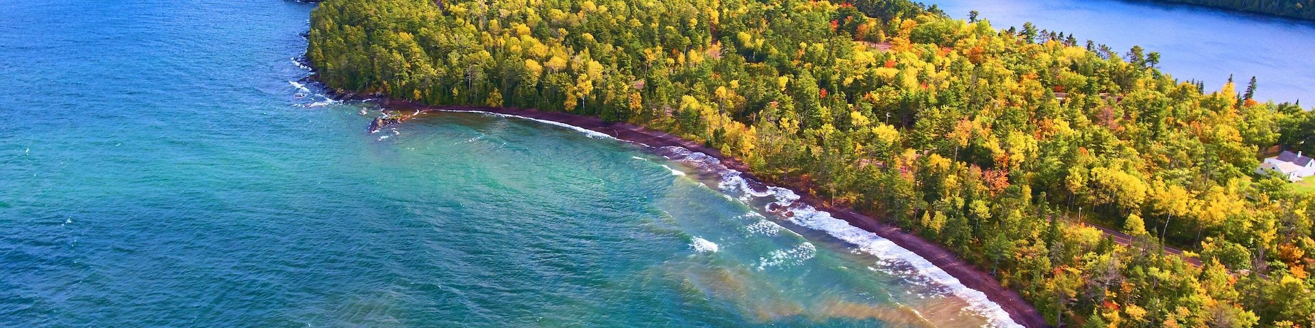 Lake Superior Coastline Rocks Waves Fall Forest Aerial