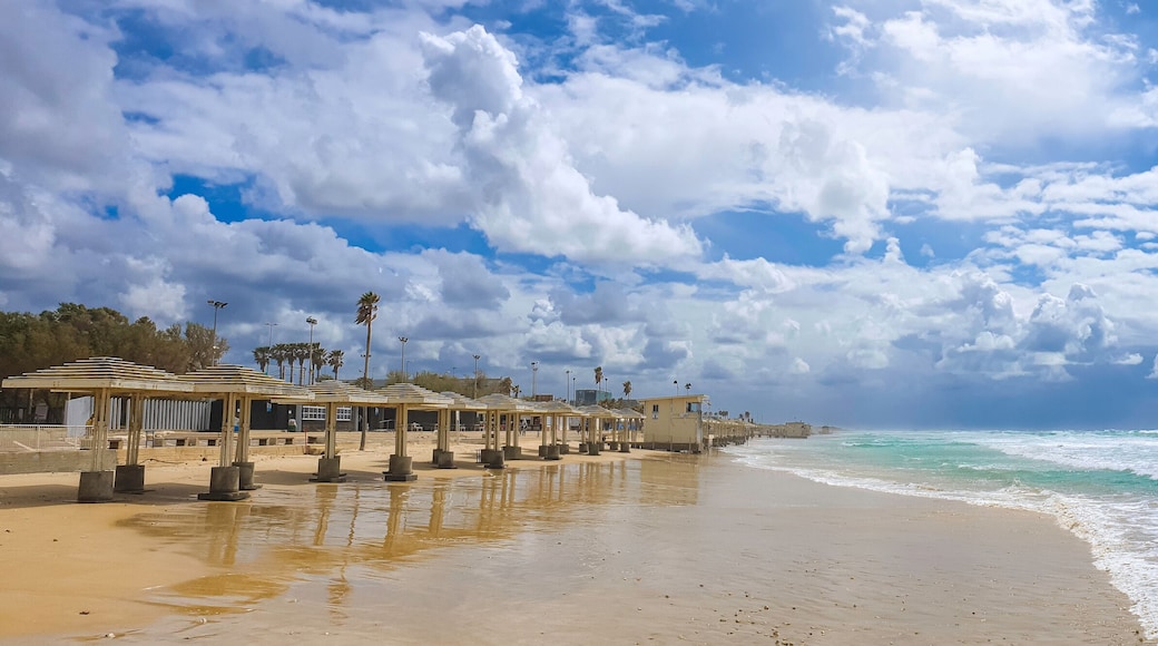 A panoramic view of an public municipal beach and a beautiful coast of Mediterranean sea in the city of Haifa in Israel.