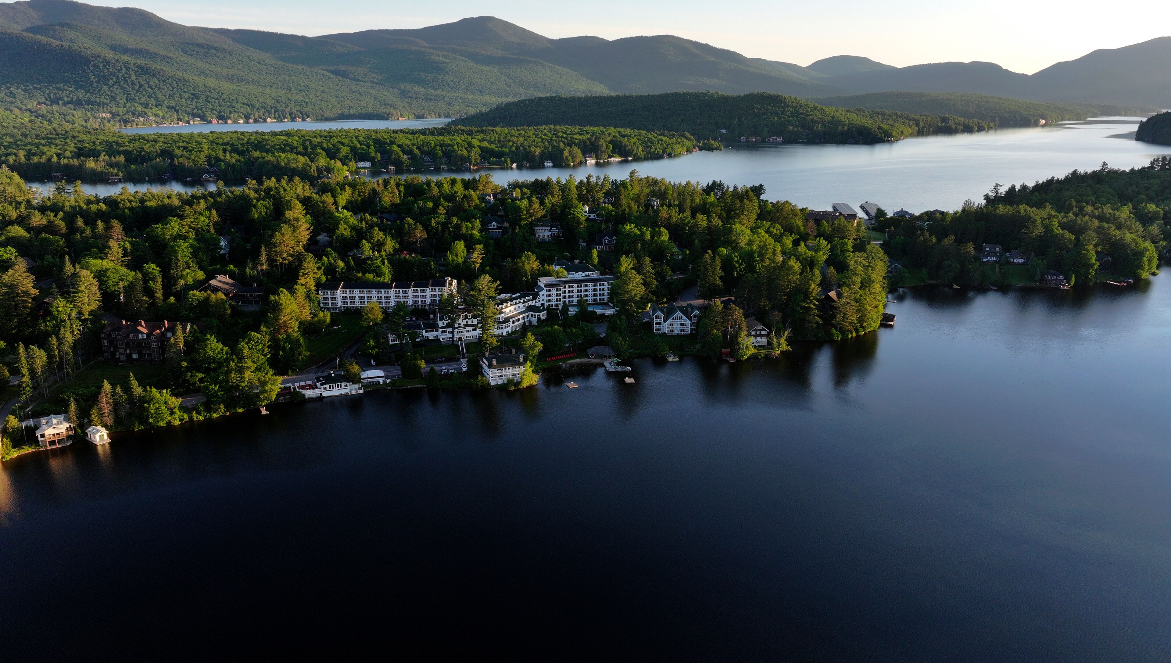 Aerial view of Mirror Lake with Lake Placid behind, Lake Placid, New York